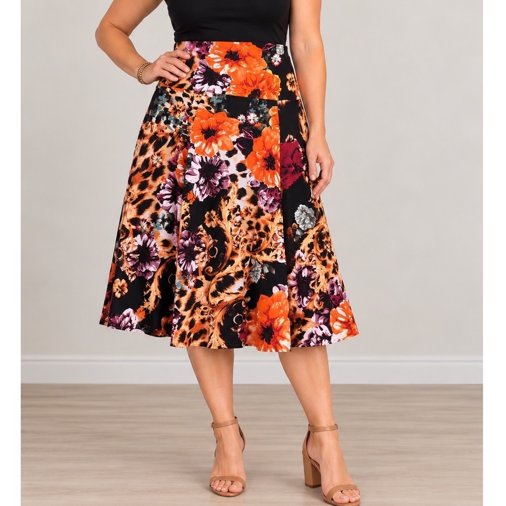 Eva Varro Floral Leopard Baroque Artsy Midi Skirt Large Orange Black Made in USA